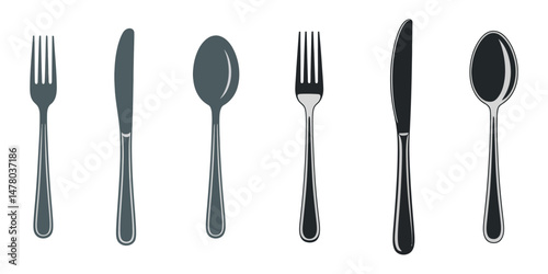 spoon and fork icon set. spoon, fork and knife icon vector. restaurant icon, Kitchen cutlery set. Table knife, tablespoon, teaspoon, metal spoon and steel fork. Flatware top view. Dining, eating tool.