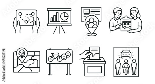 Line style icons of community-led transport: co-designed route icon, local mobility needs chart, neighborhood planning session badge, mini bus co-op file, senior shuttle map tag, youth biking club
