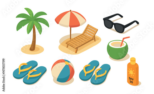 Isometric flat vector set of illustrations of tropical beach vacation: palm tree, beach umbrella, sun lounger, sunglasses, coconut drink, flip flops, beach ball, sunscreen bottle. Illustrations