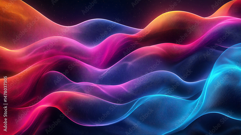 Fototapeta premium Abstract gradient wave background with glowing edges and dark backdrop featuring colorful wavy lines and subtle light effects