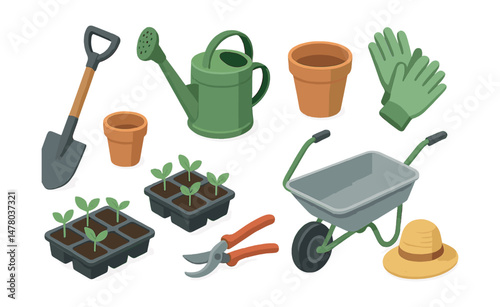 Isometric flat vector set of illustrations of gardening essentials: shovel, watering can, flower pot, garden gloves, seedling tray, pruning shears, wheelbarrow, sun hat. Illustrations isolated
