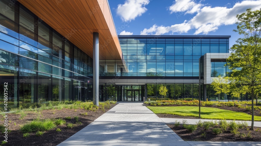 Obraz premium Modern Glass Office Building Exterior with Landscaping and Walkway