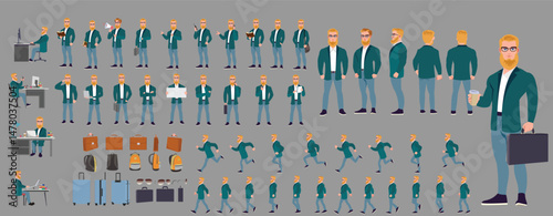 Man Character design. Front, side, back view and explainer animation poses. Character set with lip sync and facial expressions of Happy, angry, sad, Joy with Side walk cycle animation sequence sprite 