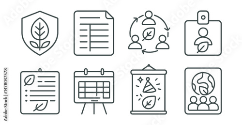 Line style icons of sustainability clubs and teams: eco club logo badge, weekly agenda file, role rotation chart, student team profile tag, task list board, event prep poster, club rules card, “we