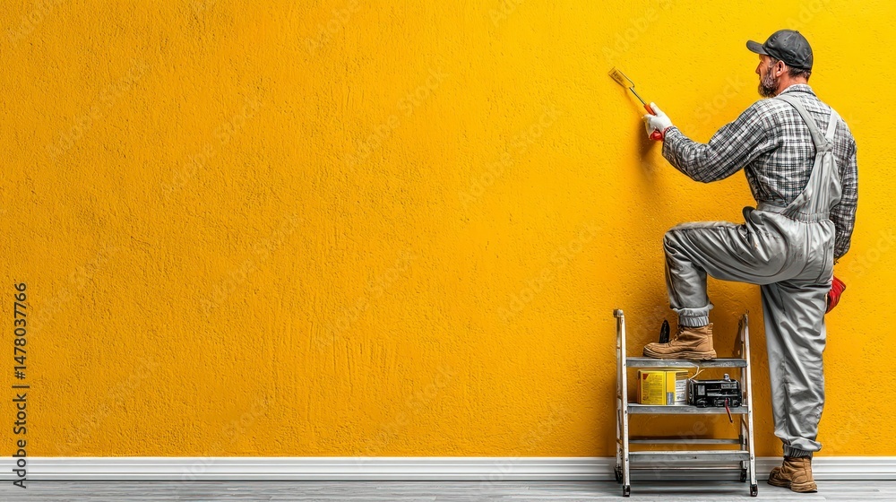 Fototapeta premium Painter in Action A Professional Applying Vibrant Yellow Paint to a Wall Using a Roller and La