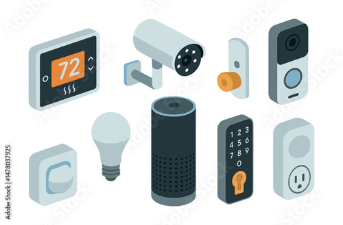 Isometric flat vector set of illustrations of smart home technology: smart thermostat, security camera, smart light bulb, voice assistant, smart lock, motion sensor, smart plug, video doorbell.