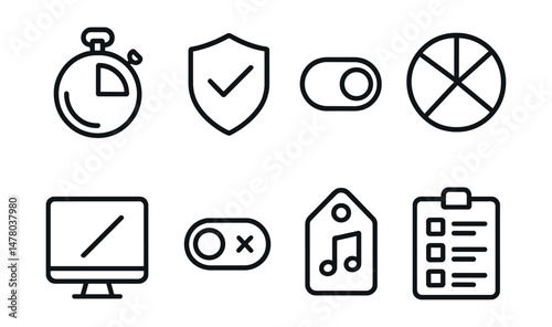 Line style icons of digital focus tools: focus timer icon, distraction blocker badge, single task toggle, Pomodoro cycle chart, screen dim file, offline mode switch, focus playlist tag, concentration