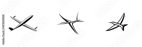 Vector illustration icons of various flying objects including an airplane, a stylized aircraft, and a bird in flight