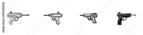 Different styles of vector illustration icons of toy guns in various designs and shapes suitable for playful themes and graphics