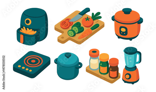 Isometric flat vector set of illustrations of modern kitchen tools: air fryer, cutting board with veggies, induction stove, rice cooker, kitchen timer, cooking pot, spice rack, blender.