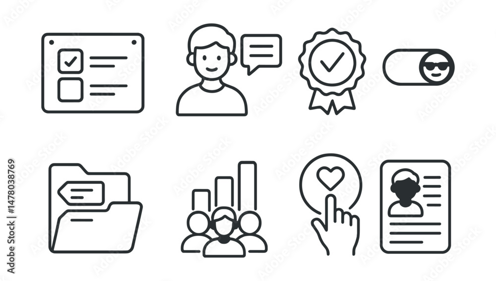 Fototapeta premium Line style icons of peer advice and tips: “what helped me” board, student voice bubble, tried this badge, ask anonymously toggle, topic tags file, crowd wisdom chart, vote on tips icon, teen-to-teen