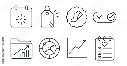 Line style icons of motivation without pressure: daily spark icon, encouragement tag, “small step” badge, no leaderboard toggle, progress for me file, motivation circle board, effort focus chart,