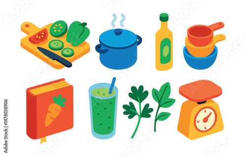 Isometric flat vector set of illustrations of healthy cooking: veggie chopping board, steaming pot, olive oil bottle, measuring cups, healthy recipe book, smoothie glass, herbs, kitchen scale.