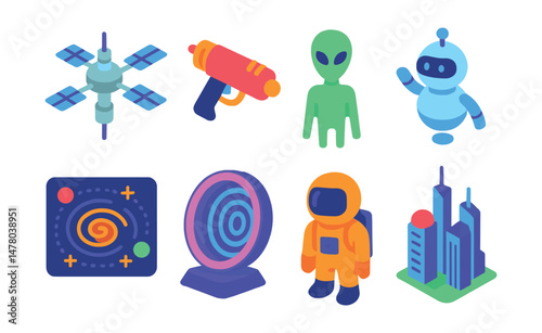 Isometric flat vector set of illustrations of science fiction themes: space station, laser blaster, alien species, robot assistant, galactic map, wormhole portal, space suit, futuristic city.