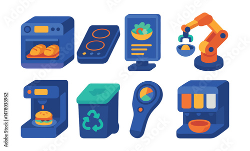 Isometric flat vector set of illustrations of futuristic kitchen: smart oven, induction stove, recipe screen, robotic arm, food printer, compost system, nutrition scanner, auto dispenser.