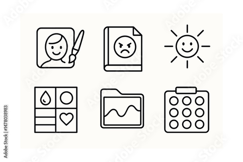 Line style icons of art and emotions: draw your mood icon, anger to paper badge, safe tear drop on canvas, joy burst symbol, sadness as waves tag, color + feeling chart, story through line file,