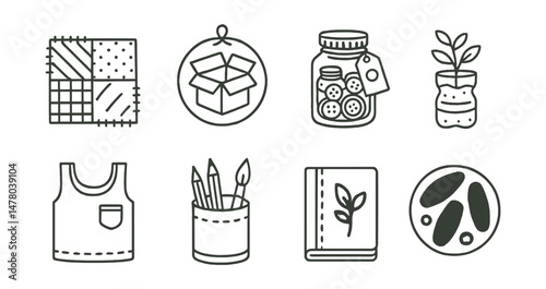 Line style icons of upcycling and reuse crafts: fabric scrap patch icon, cardboard box badge, button jar tag, plastic bottle plan file, old T-shirt tote board, DIY pencil holder chart, upcycled