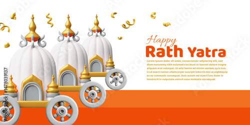 3D banner with three golden chariots and confetti - Ratha Yatra celebrations.