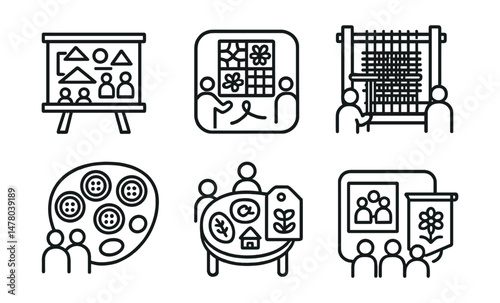 Line style icons of collaborative crafts: mural planning board, class quilt square badge, community weaving frame, shared button project chart, story stone table, joint collage tag, team banner file,