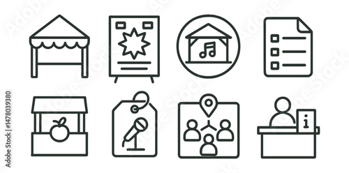 Line style icons of community event essentials: street fair tent icon, festival poster board, local music stage badge, event schedule file, food stall symbol, open mic sign tag, crowd map chart,