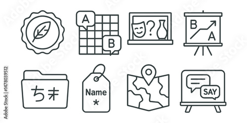 Line style icons of language and heritage: dialect poetry badge, language games icon, cultural trivia board, translation corner chart, sign in native script file, names and meanings tag, heritage map