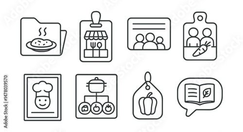 Line style icons of local food and cooking: regional dish file, tasting booth badge, family recipe card, cook together board, youth cook-off flyer, food heritage chart, flavor station tag, recipe