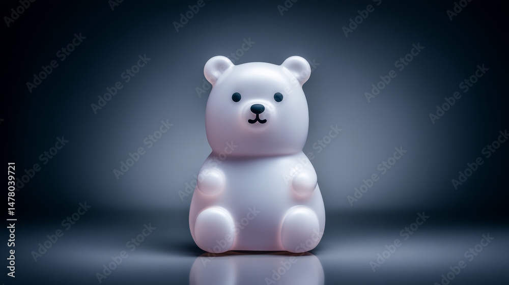 Fototapeta premium Cute white teddy bear toy with a glossy finish on a dark background.