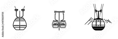 Vector icons of gondolas over mountains in various styles, ideal for outdoor activities and transportation