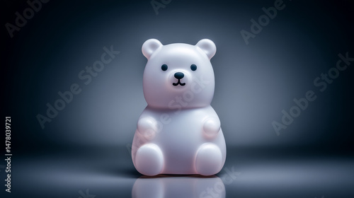 Cute white teddy bear toy with a glossy finish on a dark background.