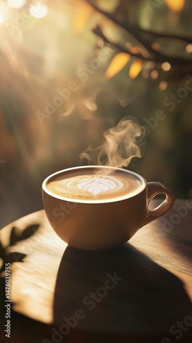 Sunlit Latte with Delicate Latte Art on Rustic Wooden Table