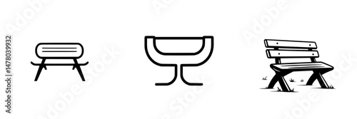 Stylized vector illustrations of benches showcasing various designs and shapes suitable for parks and public spaces