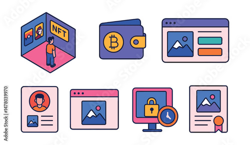Isometric flat vector set of illustrations of digital art marketplace: NFT gallery, crypto wallet, bidding window, art preview, creator profile, unlockable content, ownership certificate, auction