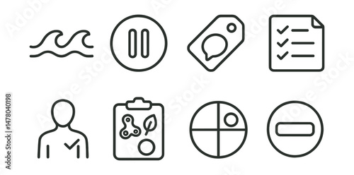 Line style icons of emotional regulation: wave of feelings icon, pause before react badge, “name it” tag, strategies list file, check with body chart, personal calming tools board, mood meter bubble,