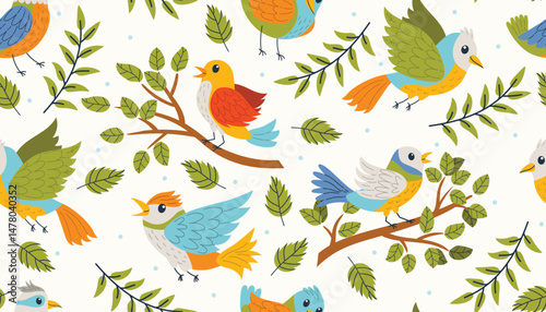 Seamless pattern with colorful birds flying and sitting on branches in flat cartoon style. Cheerful and lively design perfect for kids' products, textiles, wallpapers, and playful decor.