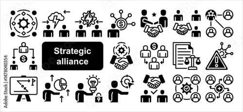 Strategic alliance icon collection set. Containing partnership, collaboration, joint venture, cooperative agreement, synergy, shared objective, mutual benefit icon. Simple flat vector.