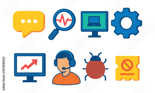 Isometric flat vector set of illustrations of remote tech support: live chat bubble, diagnostic tool, remote desktop icon, settings gear, screen sharing window, headset operator, bug report, support