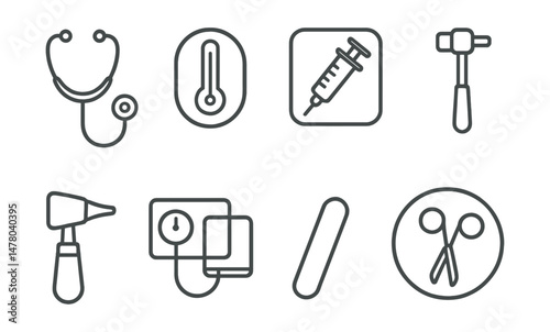 Line style icons of basic medical tools: stethoscope icon, thermometer badge, syringe tag, reflex hammer file, otoscope board, blood pressure cuff chart, tongue depressor symbol, medical scissors