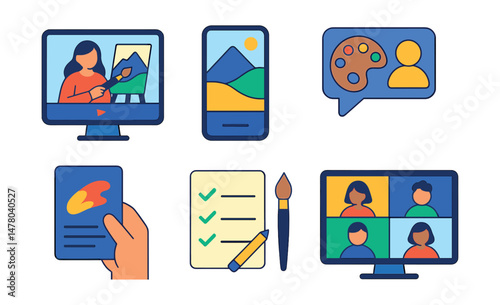 Isometric flat vector set of illustrations of virtual art class: video tutorial, reference photo, palette tray, student canvas, live feedback icon, painting technique card, supply checklist, zoom