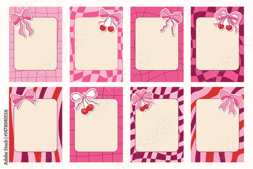 Set of groovy note frames decorated with charming bows and cherries in trendy coquette style. Feminine, cute, and playful design ideal for planners, journals, scrapbooks, or aesthetic stationery.