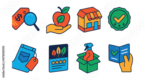 Isometric flat vector set of illustrations of ethical shopping habits: price transparency, sustainable product, local store, fair trade badge, secondhand find, eco rating, minimal packaging, consumer