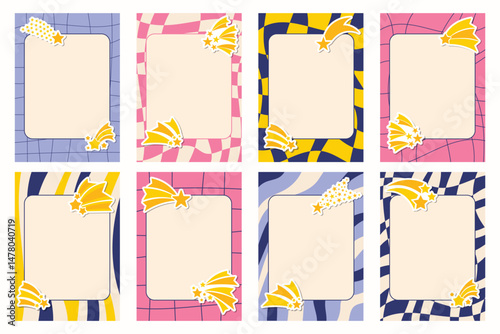 Set of groovy note frames decorated with falling star stickers in flat cartoon style. Vibrant and dreamy design with cosmic accents, perfect for planners, stationery, or digital scrapbooking.
