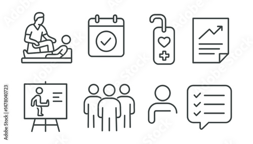 Line style icons of rehabilitation and recovery: physical therapy icon, rehab schedule badge, assistive cane tag, progress tracker file, post-op care board, mobility exercise chart, rehab team symbol