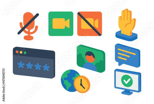 Isometric flat vector set of illustrations of video call etiquette: mute mic icon, camera on/off, raise hand feature, meeting code, background blur, chat box, time zone check, tech test icon.