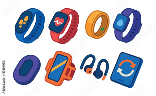Isometric flat vector set of illustrations of wearable fitness gear: step tracker, pulse monitor, smart ring, hydration band, sleep sensor, sports armband, workout earbuds, sync app.