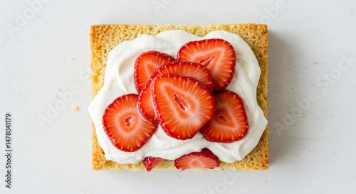 Overhead View Of Square Cake With Whipped Cream and Sliced Strawberries on White Surface