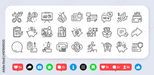 Add products, Survey checklist and Saving money line icons pack. Social media: share, comment, like icons. Money, Leader run, Bitcoin coin web icon. Vector