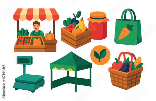 Isometric flat vector set of illustrations of local farm market: fresh produce stand, seasonal fruit crate, handmade jam, eco bag, price scale, vendor tent, organic label, market basket.