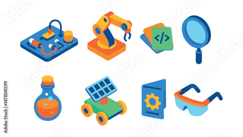 Isometric flat vector set of illustrations of STEM kits for kids: electric circuit board, robot arm, coding cards, magnifying glass, experiment bottle, solar panel toy, instruction manual, safety