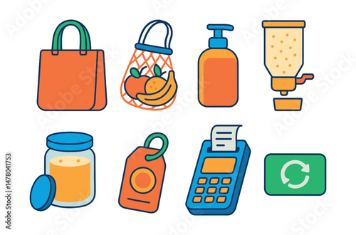 Isometric flat vector set of illustrations of zero-waste grocery trip: cloth bag, produce net, refill container, scoop station, bulk jar, tare weight tag, receipt-free checkout, reusable label.