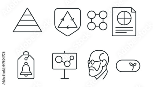 Line style icons of psychological theories: Maslow’s pyramid icon, CBT triangle badge, attachment styles chart, Jungian archetypes file, conditioning bell tag, cognitive bias board, psychoanalysis
